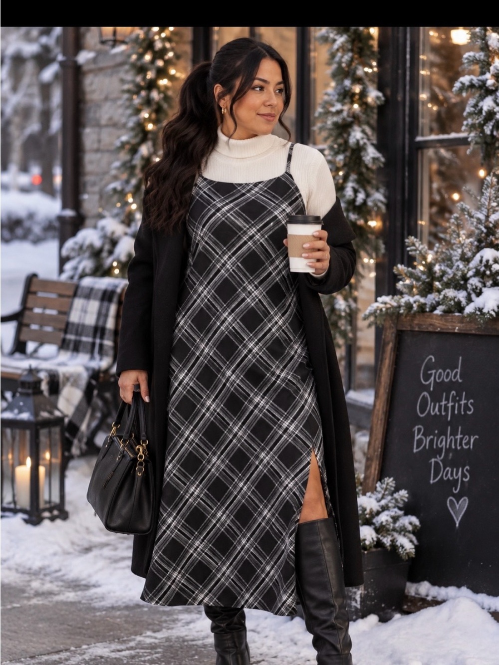 Black Plaid Slip Dress with Side Slit